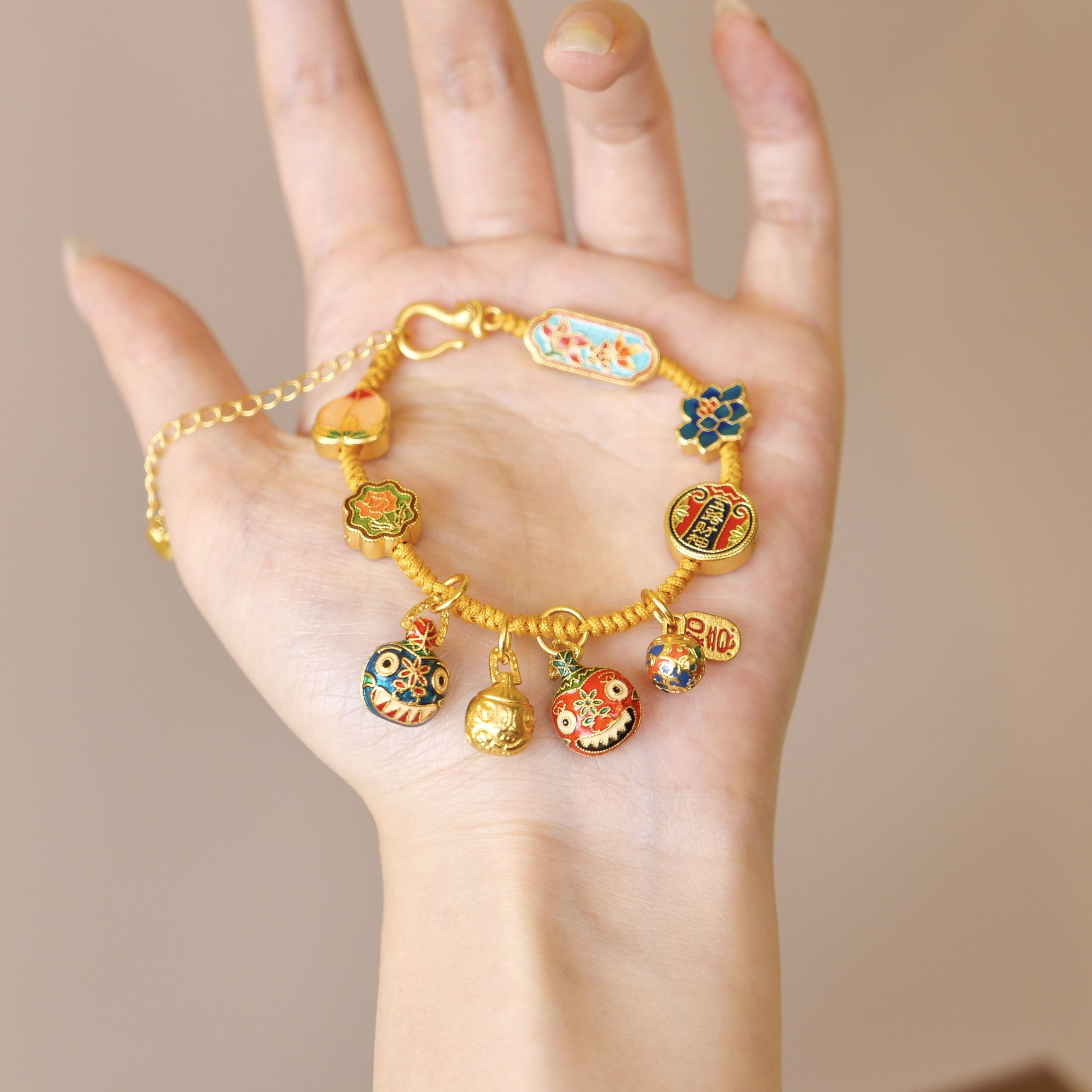 铜合金手链 新中式国潮风丨古法烧蓝五彩吞金兽一家三口手链 S046