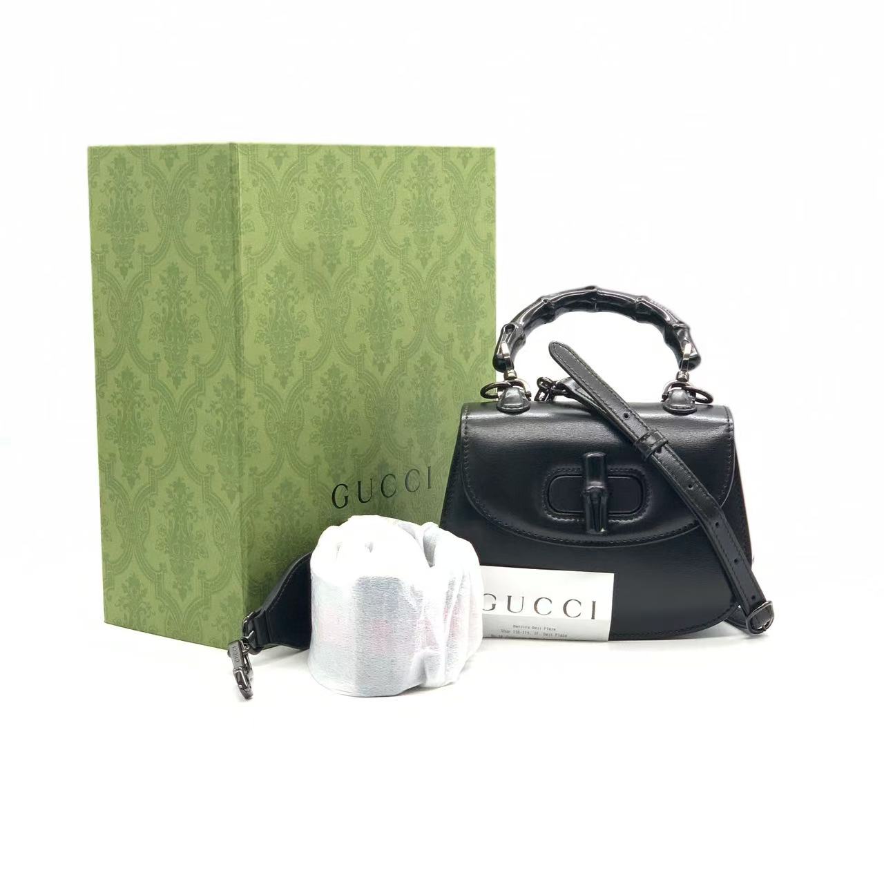 99新 GUCCI/古驰 黑色bamboo竹节手提斜挎包