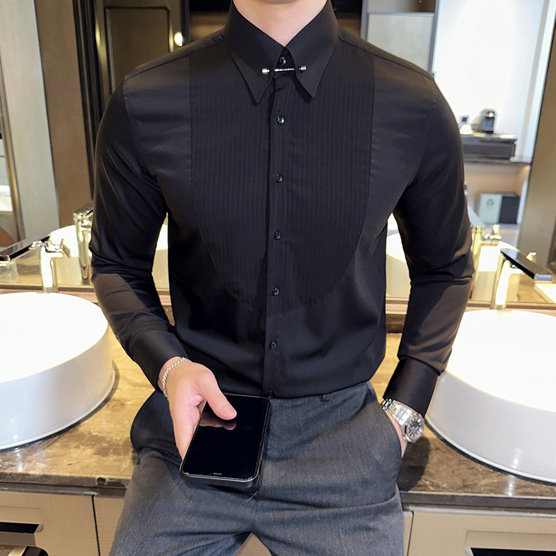 领口金属装饰长袖礼服衬衫褶皱条纹衬衣男士时尚休闲修身商务帅气