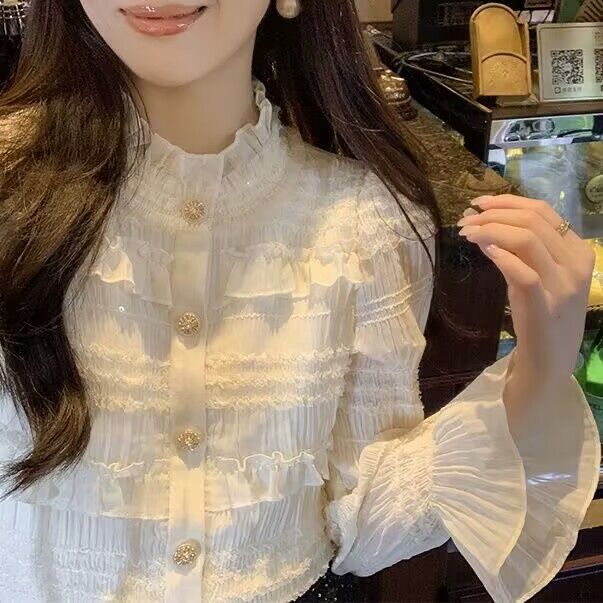 2023春季复古木耳边名媛上衣小香风衬衫法式雪纺衫女小众立领黑色