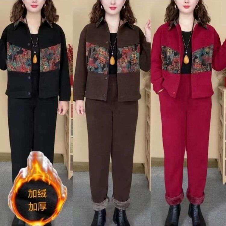 中老年秋季新款国风印花拼接加绒洋气套装时尚妈妈宽松棉绒两件套