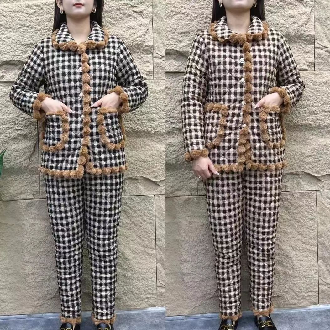 2023冬季时尚妈妈格子加厚保暖休闲套装宽松大码高端洋气加绒棉衣