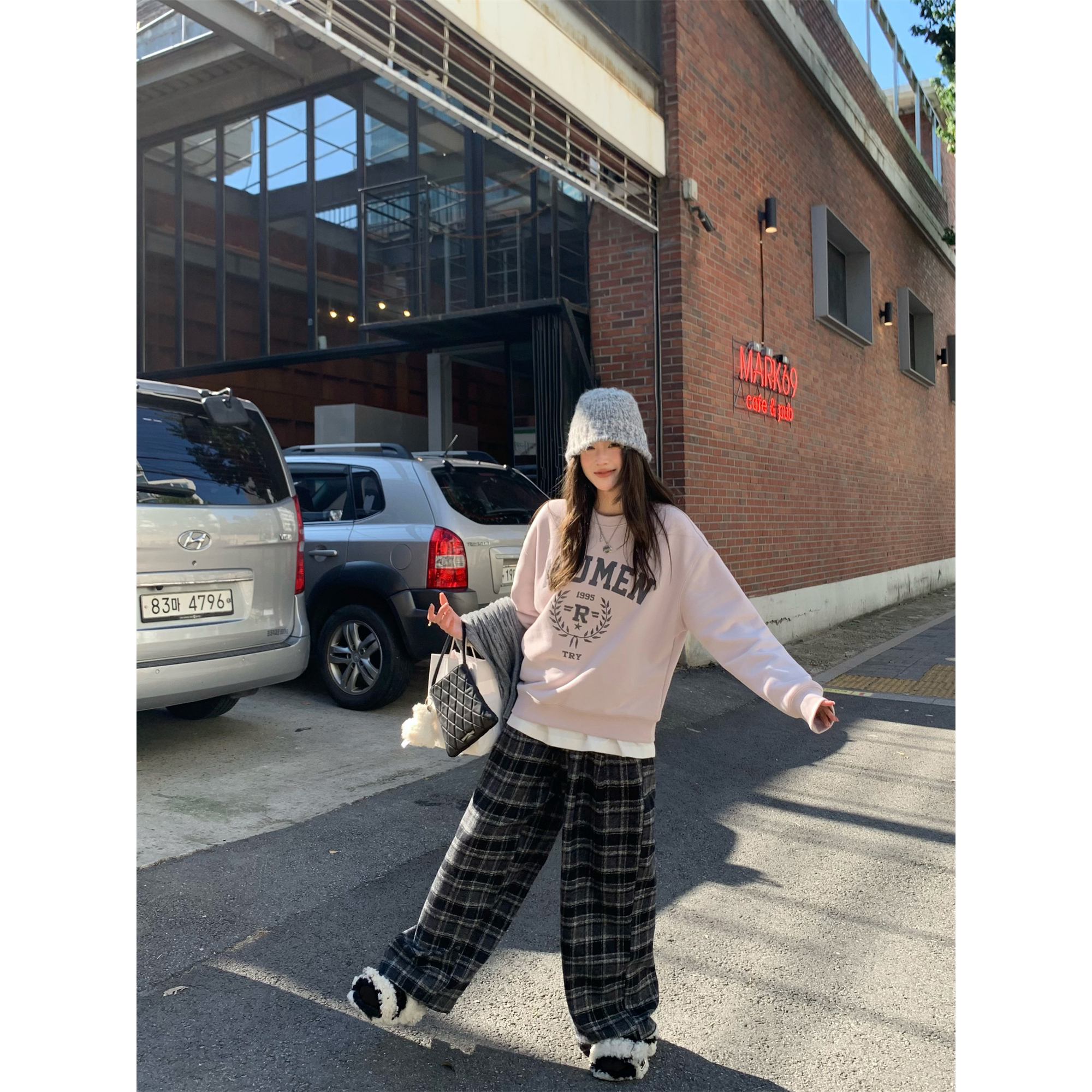 PP LAND  英伦往事 格纹长裤2024女秋冬新款高腰休闲直筒阔腿裤