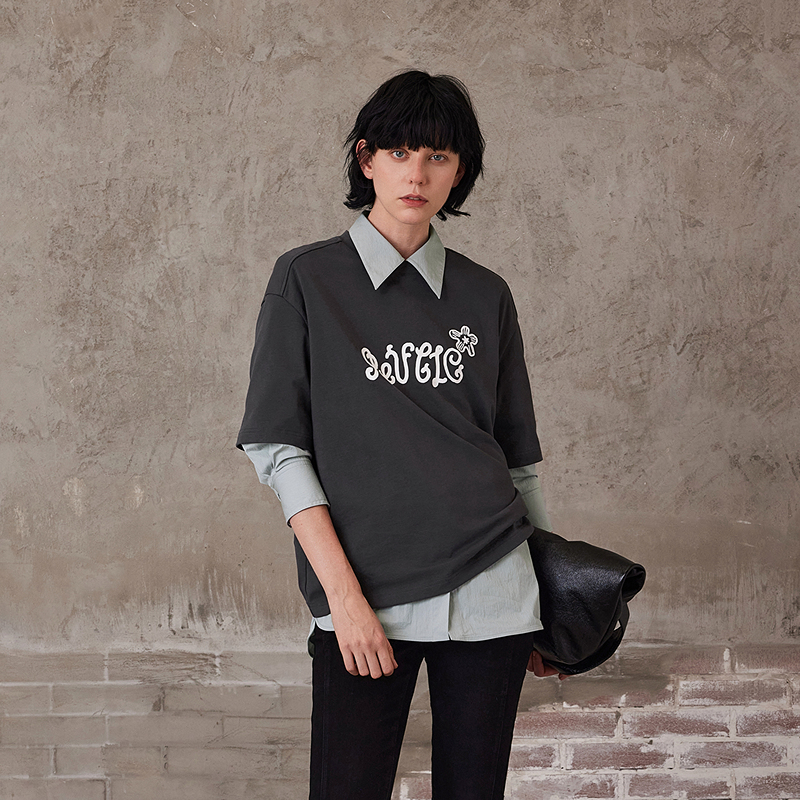 MSLAN【100棉】春季新款休闲通勤风宽松印花短袖T恤上衣女MGAN426