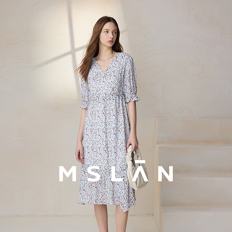 MSLAN【满印碎花】春夏设计感不规则收腰气质茶歇裙连衣裙 MFBV4115