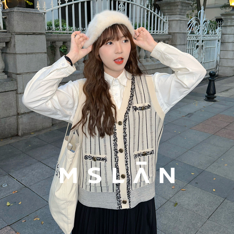 MSLAN秋季精致复古风V领撞色竖条纹宽松毛边针织马甲背心MFAE1001