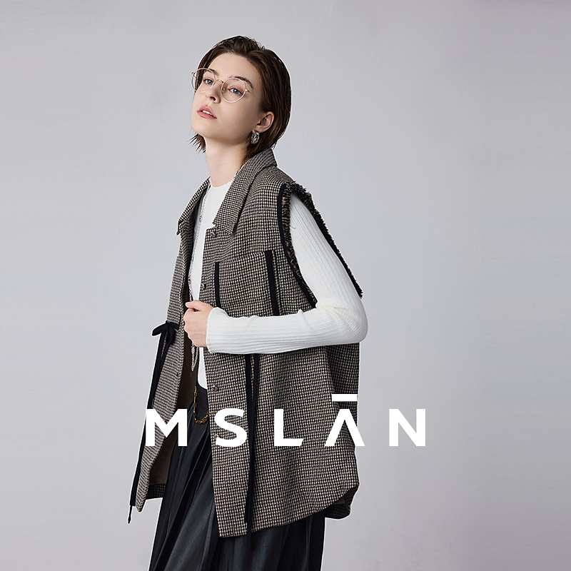 MSLAN【商场同款】新款休闲时尚宽松针织格纹中长款马甲MFDM2101