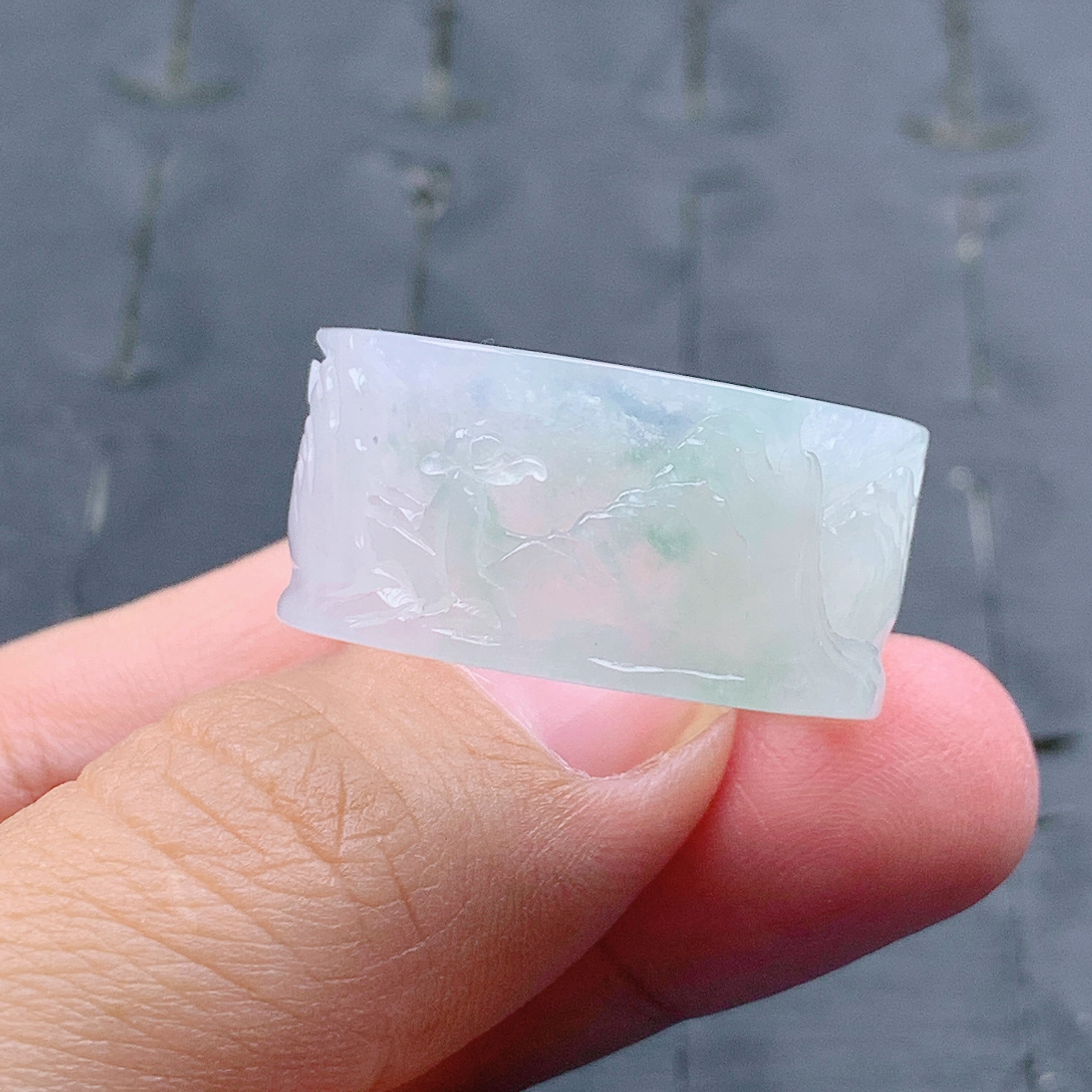 25-26号缅甸天然A货翡翠 内径21.3mm 飘绿起胶山水扳指戒指T417