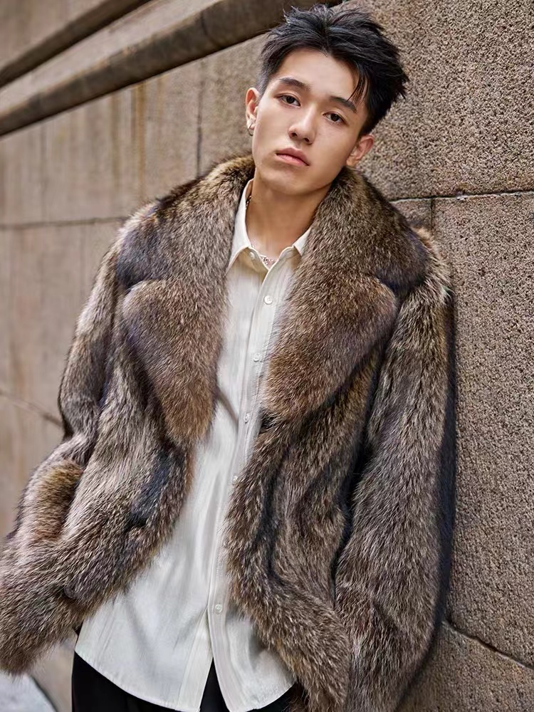 秋冬海宁大衣皮毛一体外套男中长款美洲貉翻领同款加厚保暖大码