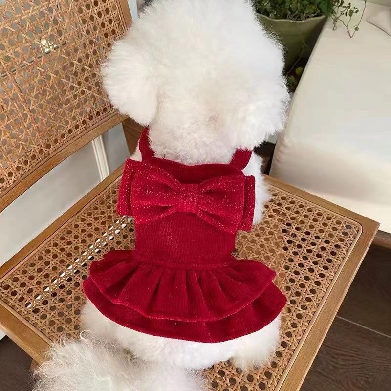 宠物衣服秋冬新款红色蝴蝶结裙子礼服泰迪比熊狗狗猫咪圣诞新年服