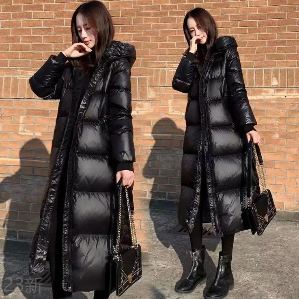 精选2023精选黑色羽绒服服韩版长款亮面棉衣女加厚修身棉in羽绒衣