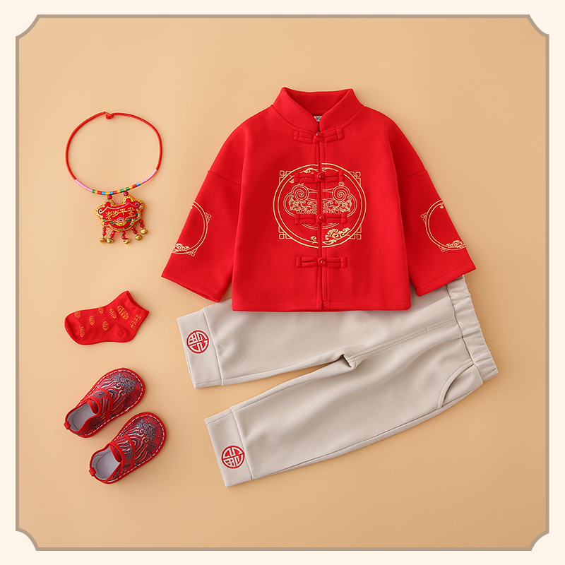 儿童唐装新中式男女宝宝周岁礼服抓周宴会生日宴喜庆礼服针织套装