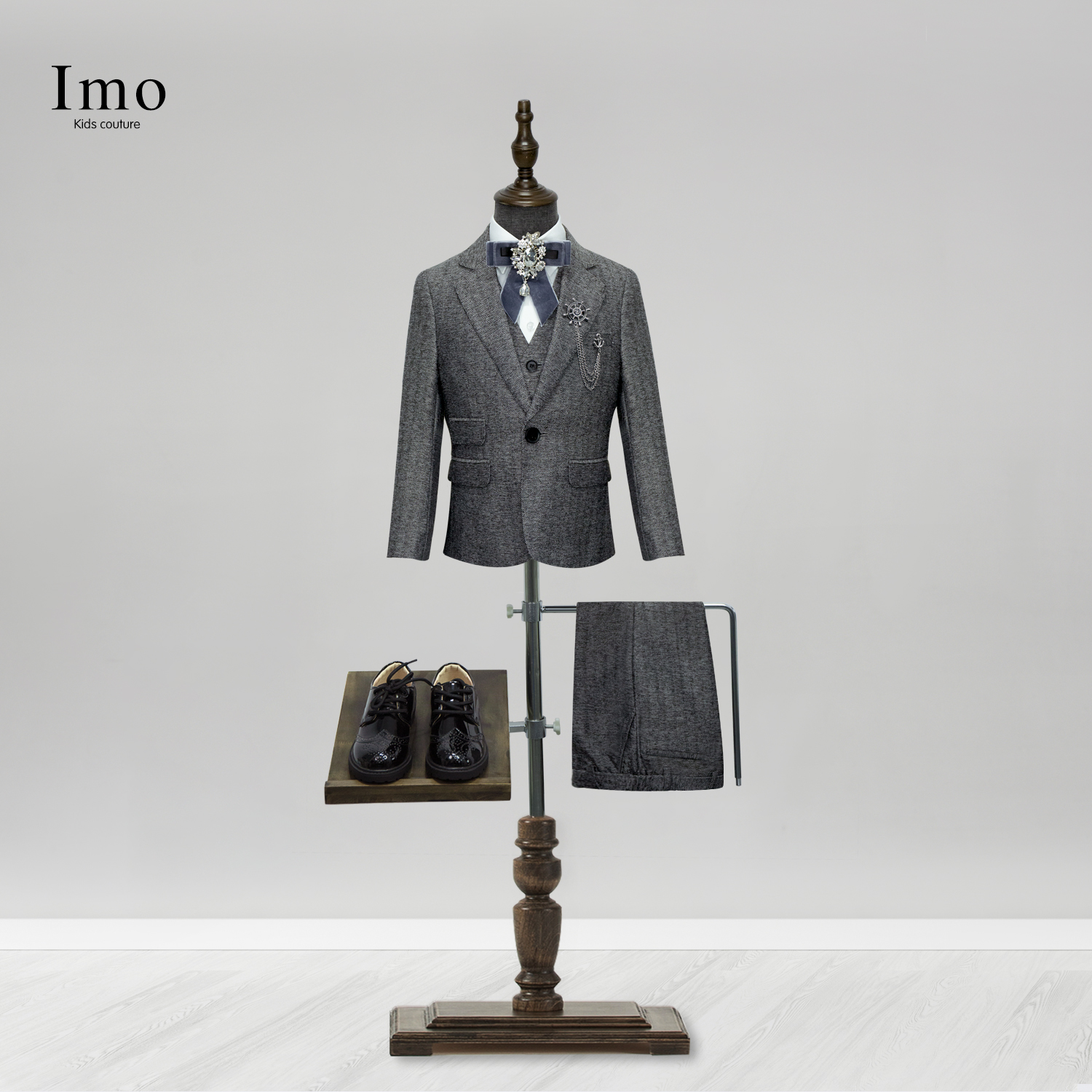 imo 男童西服钢琴演出服花童礼服中大童灰色套装英伦走秀主持西装