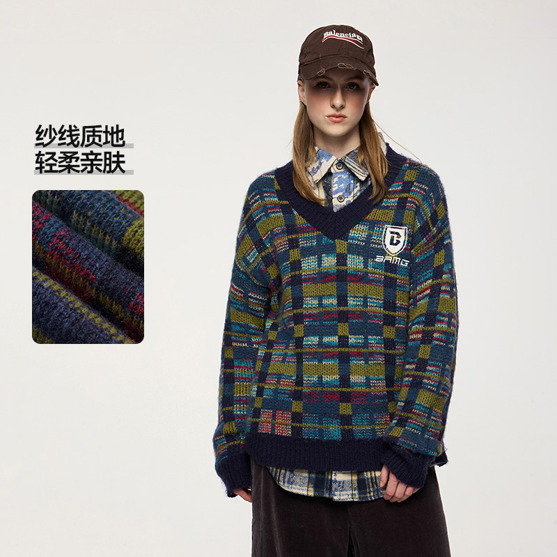 美式学院风彩格V领毛衣秋冬新款复古撞色宽松休闲情侣针织衫