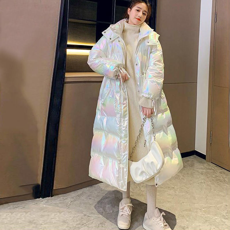 羽绒服女新款免洗亮面过膝长款大码炫彩抽身羽绒服幻彩加厚