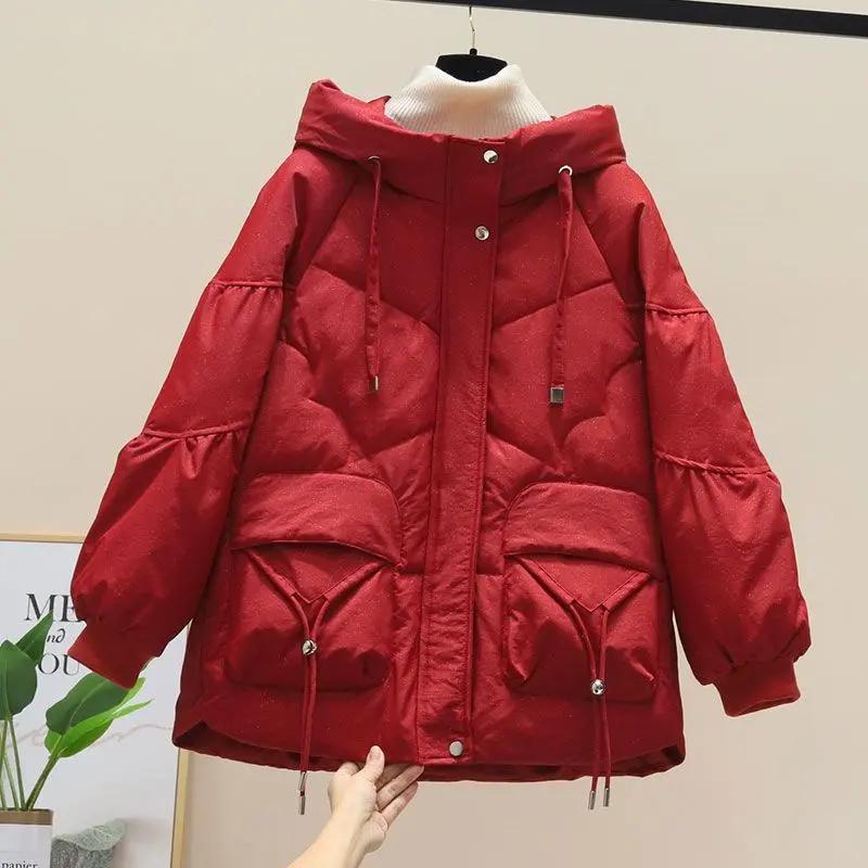 200斤红色亮晶晶羽绒羽绒服女2023新款韩版宽松冬季加厚保