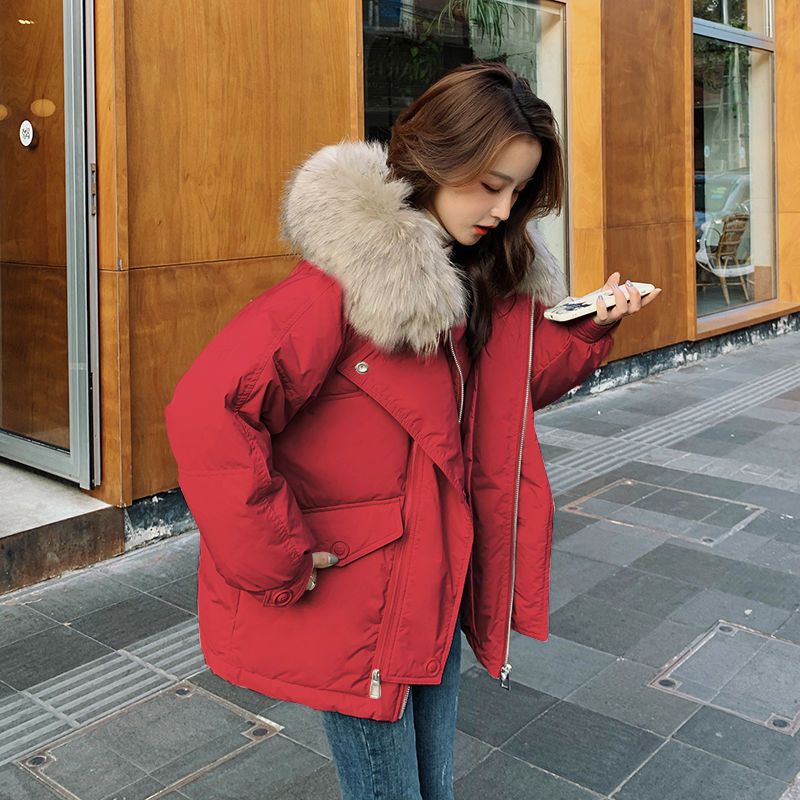 红色羽绒服女短款2023年新款冬季韩版大毛领小个子加厚羽绒