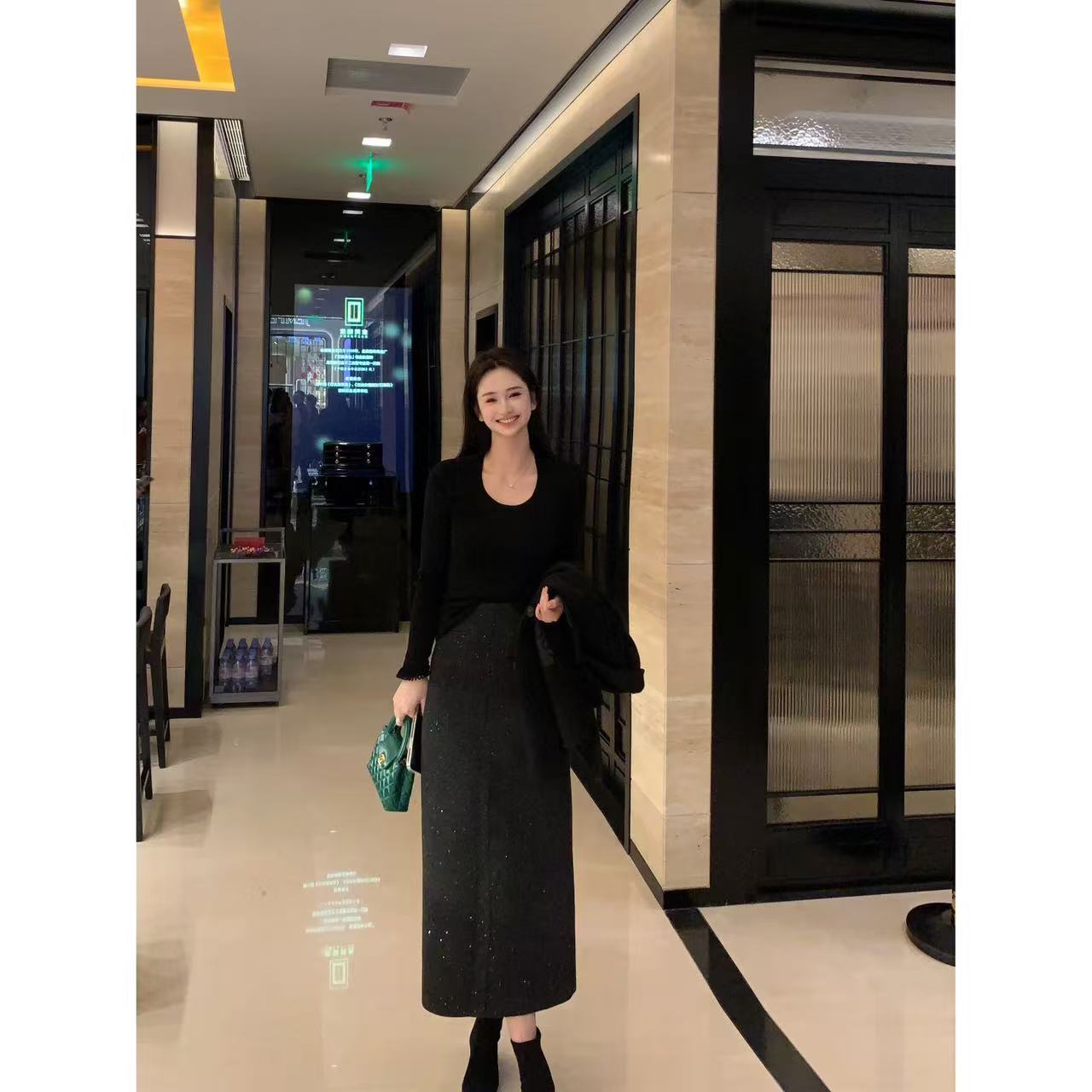 JING【繁星】羊毛秋冬气质毛呢高腰闪闪亮片半身裙