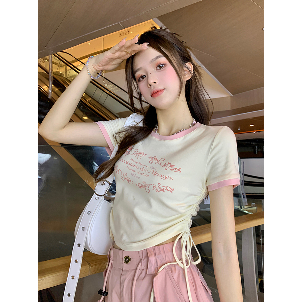 美式抽绳正肩t恤女夏季新款法式设计感小众短款修身短袖甜辣上衣