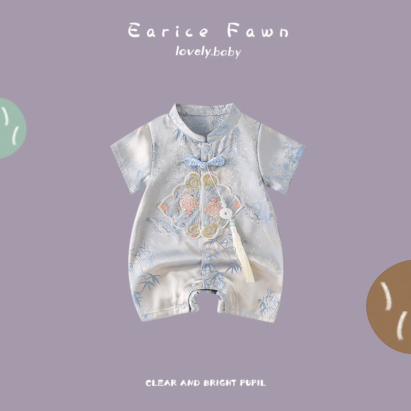 DD网红婴儿夏季哈衣男女宝宝夏天短袖中式连体衣周岁爬服百日礼服