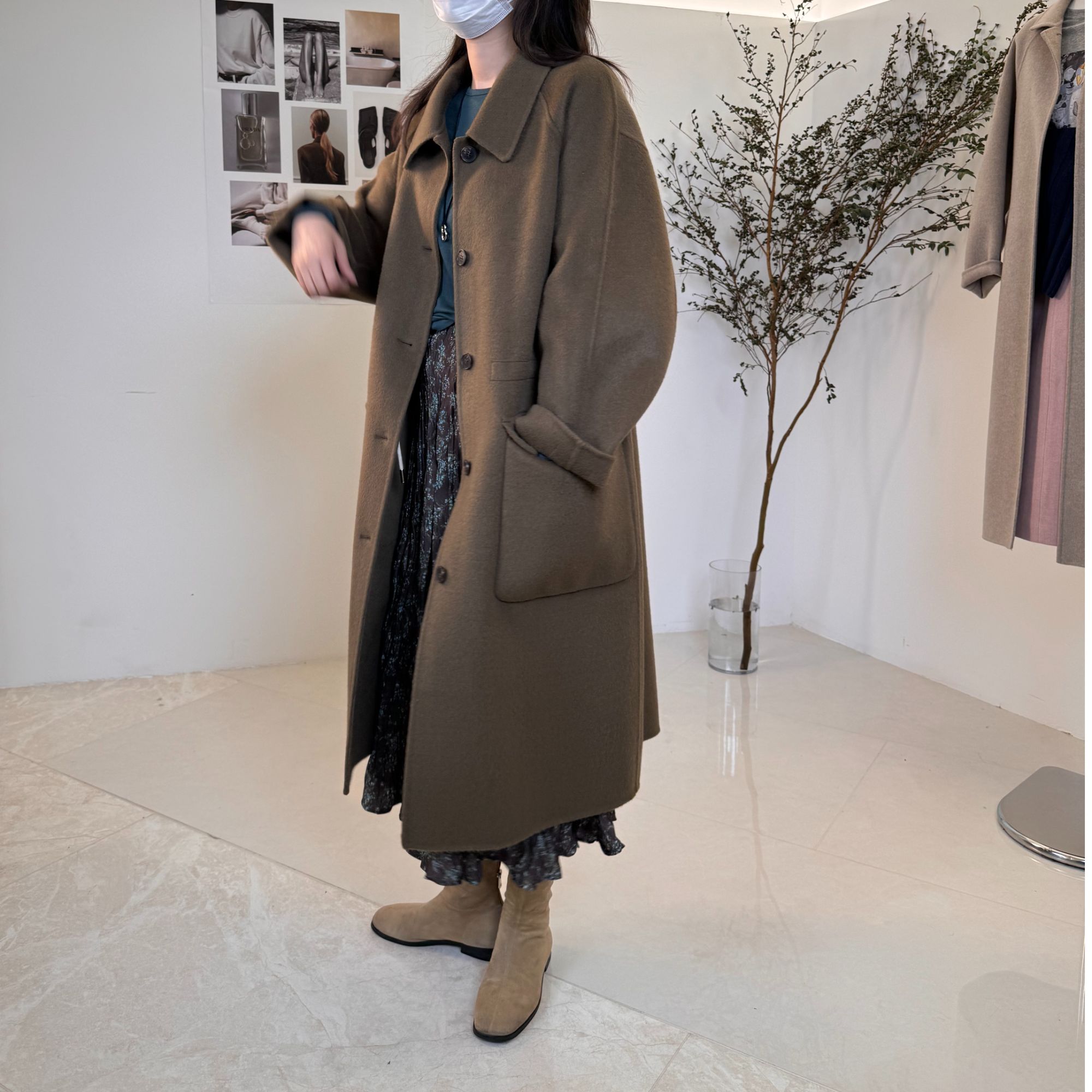 秋冬款韩国绿咖色羊毛大衣秋冬款z 长款羊毛大衣双面羊毛大衣