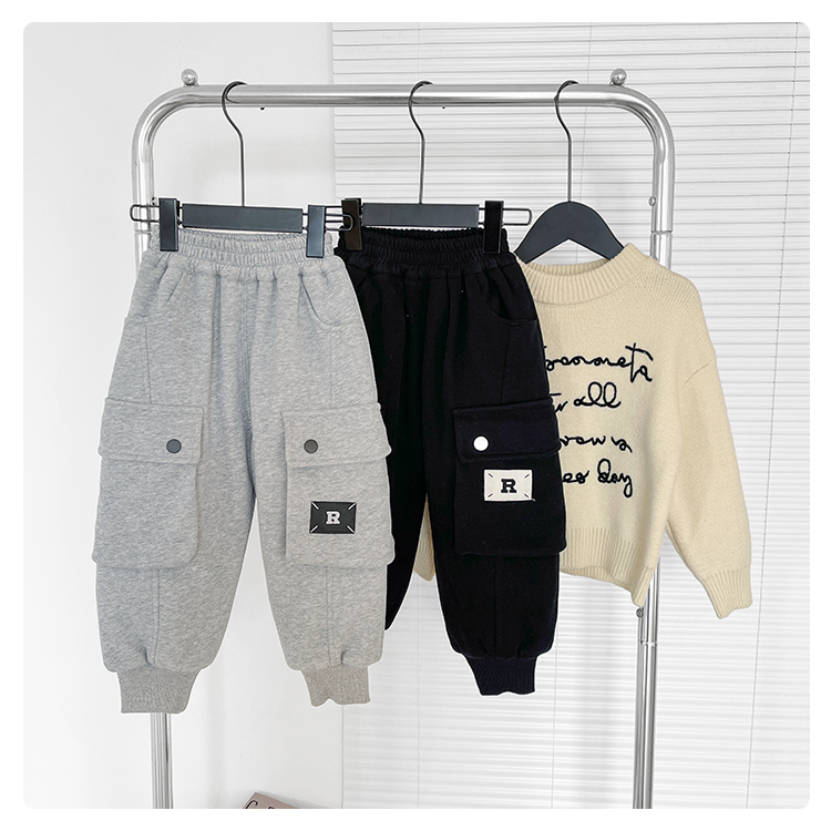 子航同款 冬季新款儿童韩版字母一条过冬加厚卫裤工装棉裤dk6096