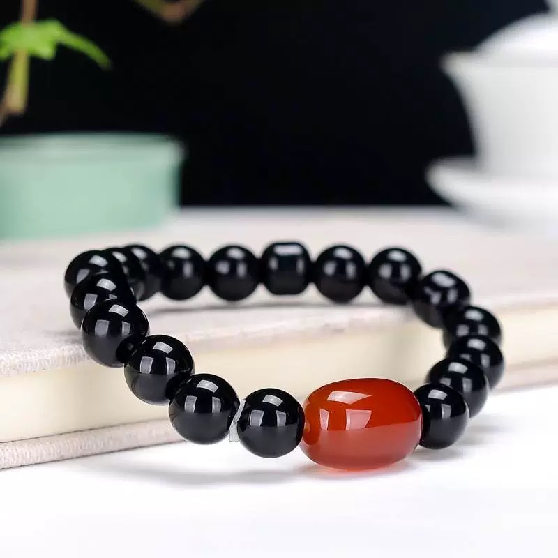 小默补贴  天然保山南红牛血红一统天下黑羊脂手链 送家人必备