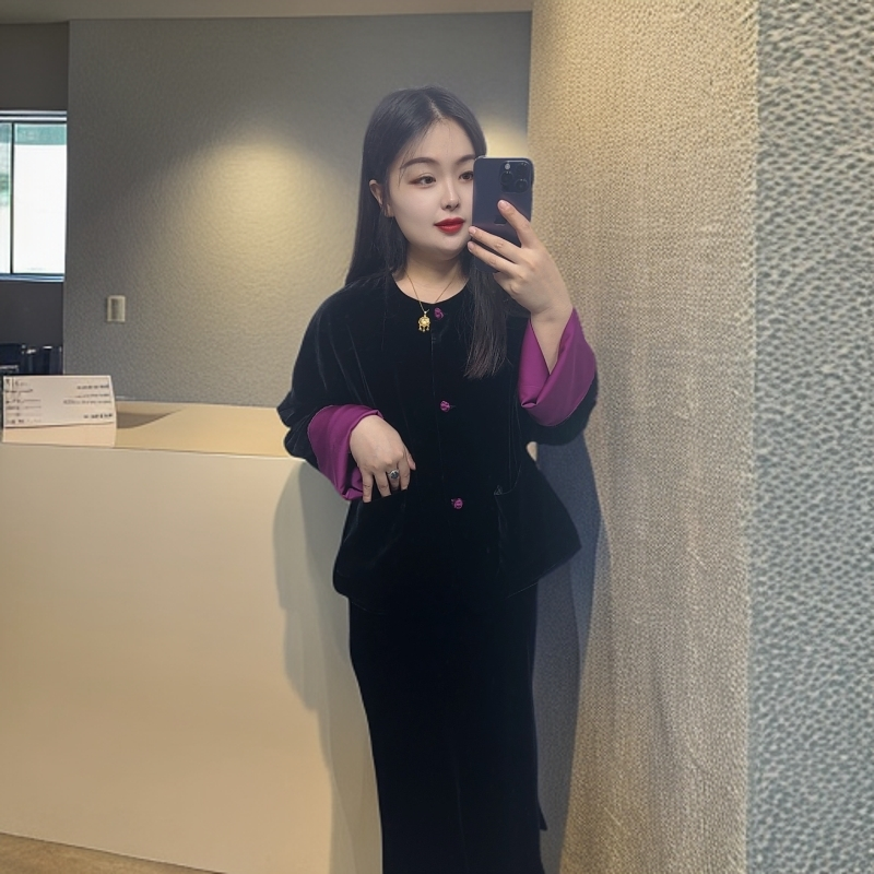 黑色真丝丝绒加内衬休闲外套