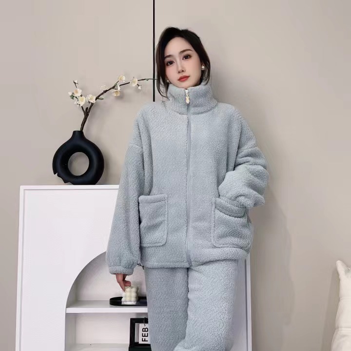 淡青色【珍珠绒】韩系女主冬季宽松睡衣加厚保暖泡泡绒家居服套装