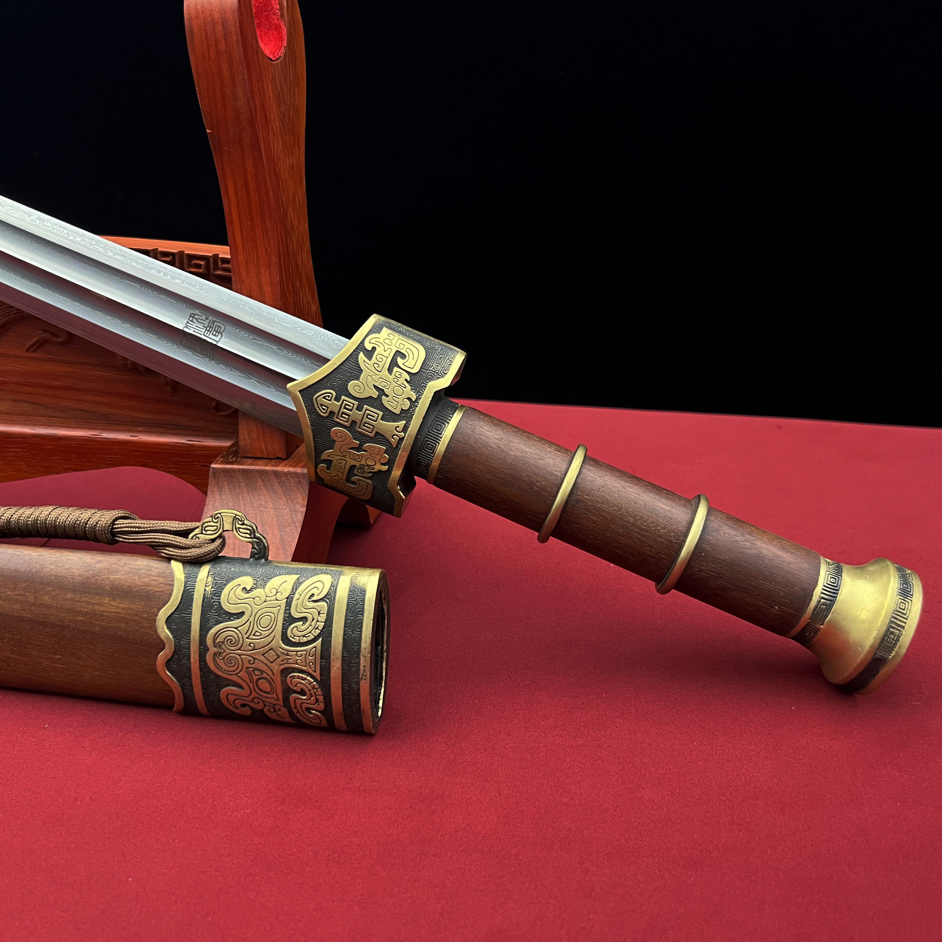 赵云剑2.0 双槽 黄铜 龙凤檀 花纹钢 手工宝剑 未开刃-龙泉沈广隆