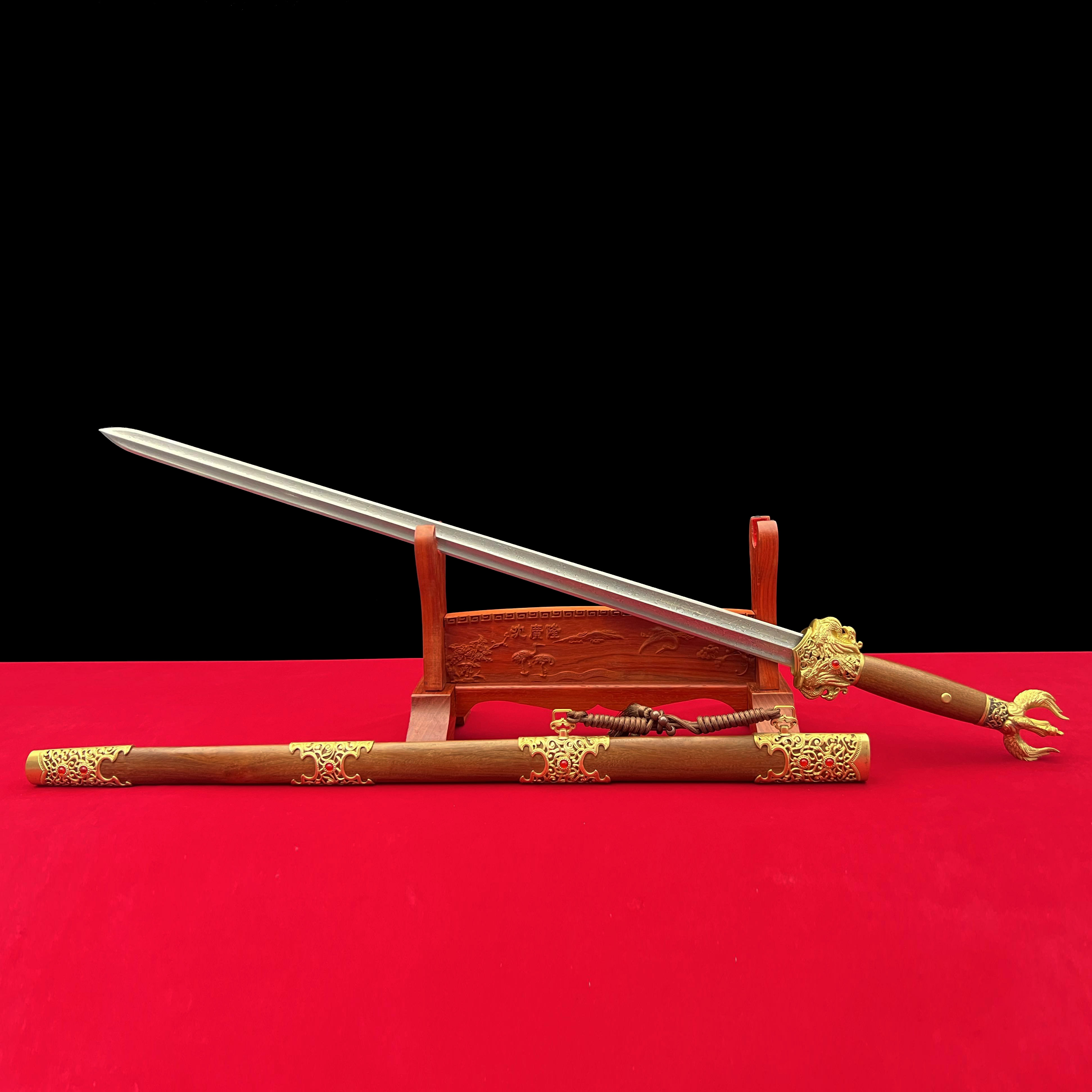 龙泉沈广隆-大夏龙雀 黄铜 龙凤檀 花纹钢 手工锻打 宝剑 未开刃