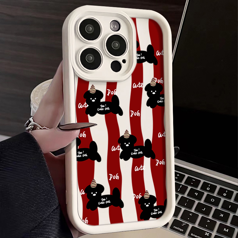条纹撞色小狗苹果15promax手机壳iPhone14网红13PRO全包12防摔X