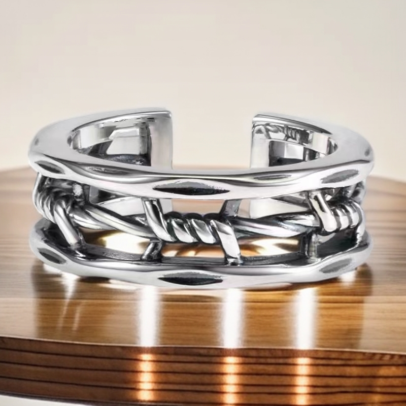 925银戒指 66591银戒指时尚情侣个性复古编织小众简约潮流多层