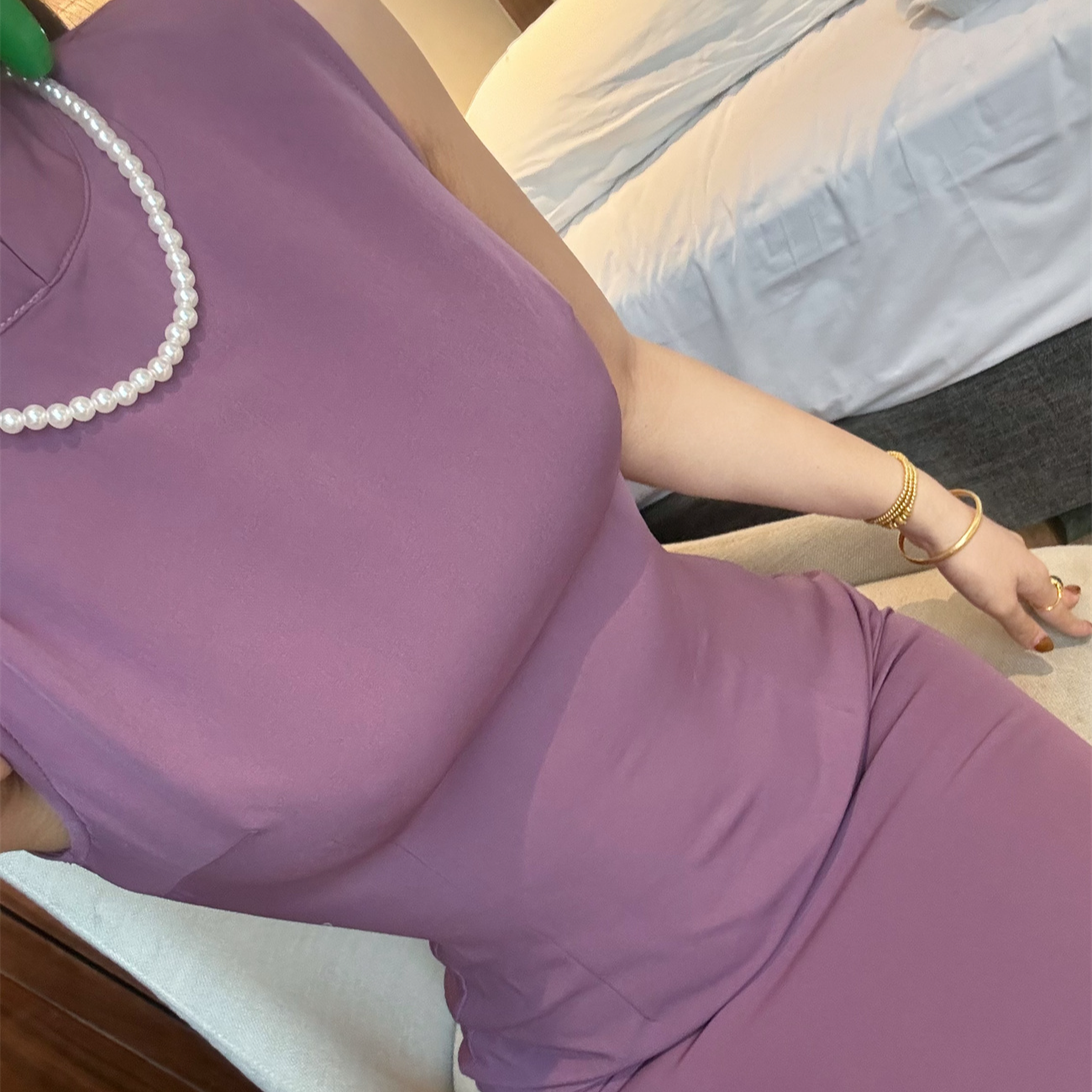 LHMknk1活动画报夫人原创自制改良港工旗袍纯色连衣裙 烟灰色紫