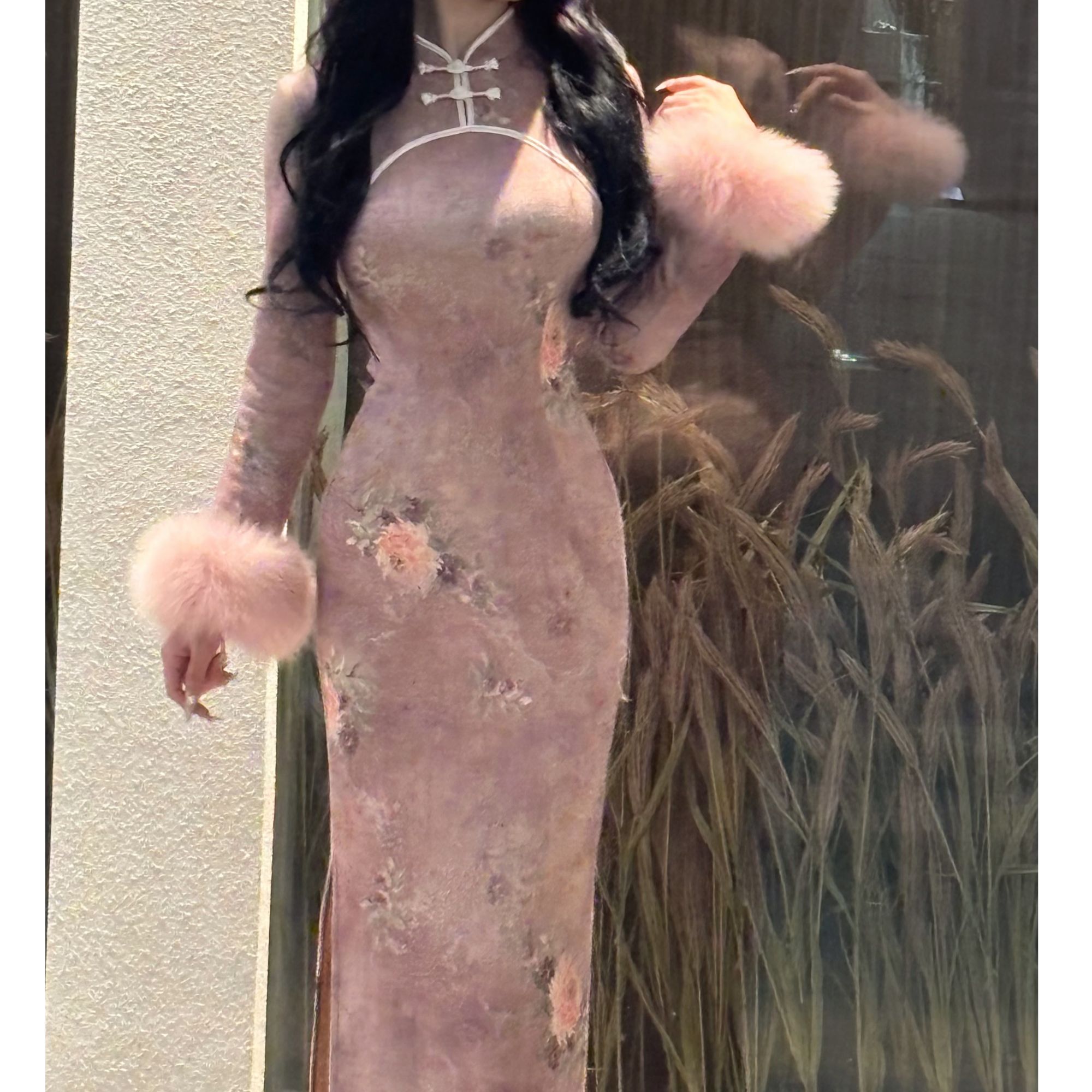 LHMknk1画报夫人原创自制秋冬厚款曼丽绒针织旗袍连衣裙 粉娇娘