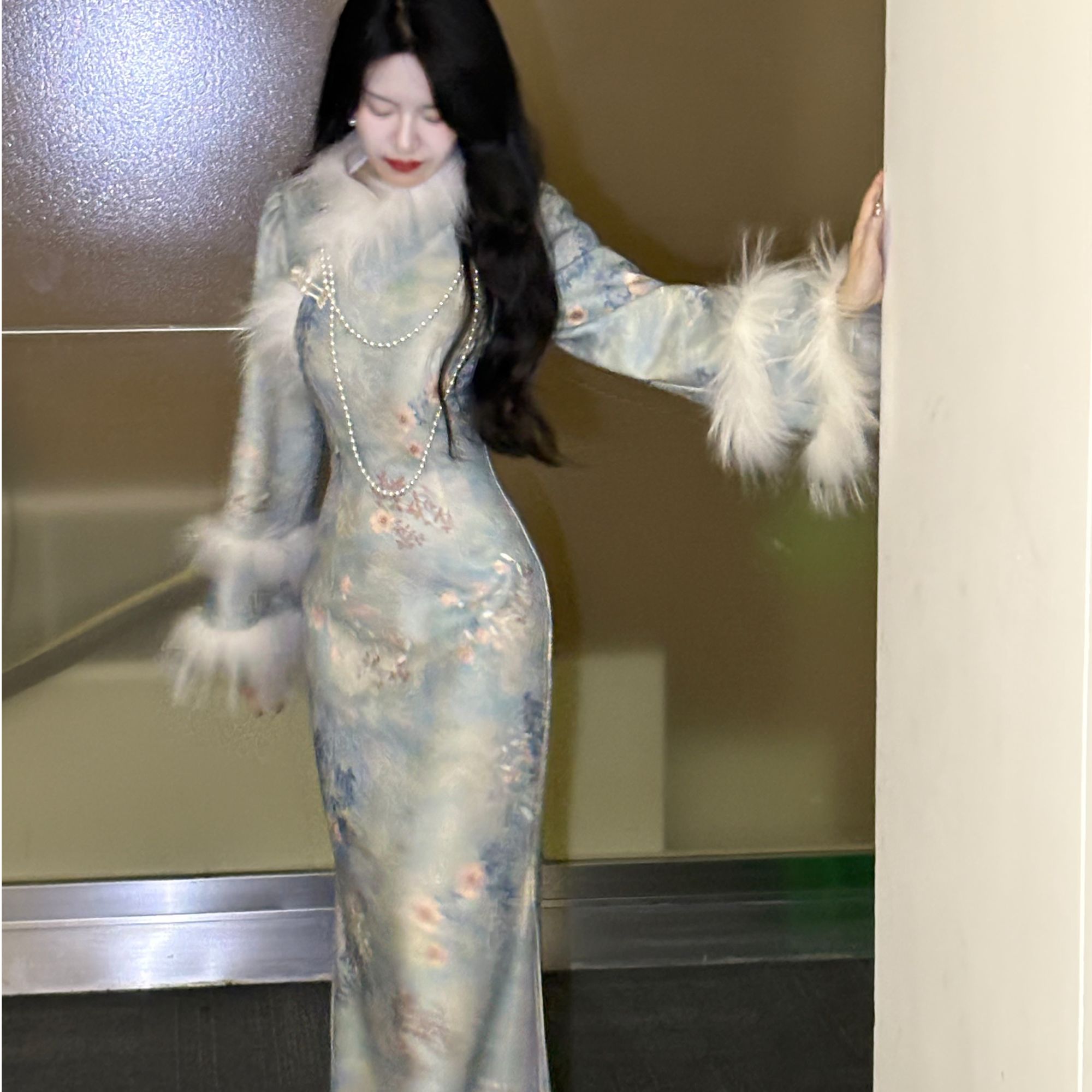 LHMknk1画报夫人原创自制高级秋冬旗袍连衣裙秋冬款厚款蓝木桥