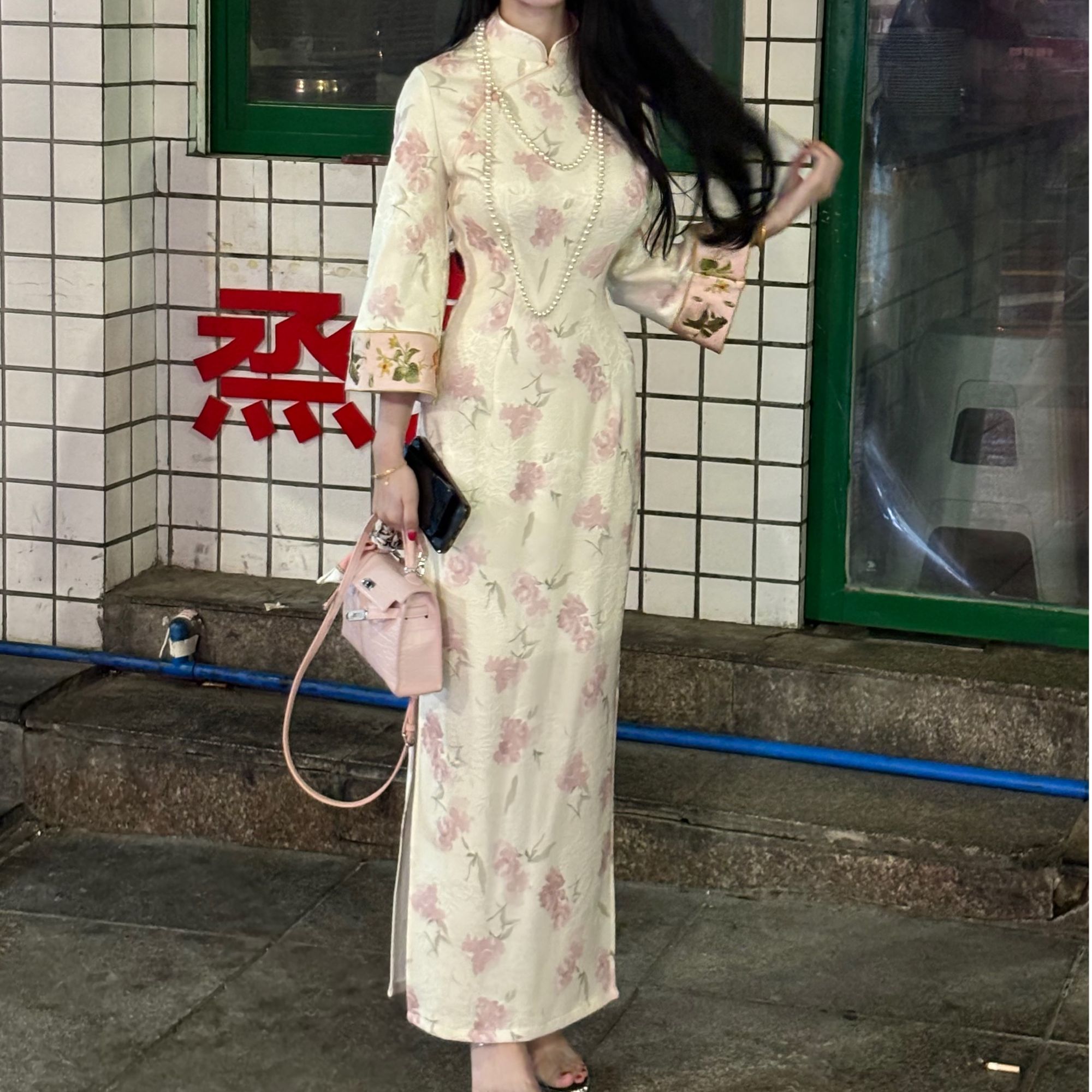 LHMknk1画报夫人原秋冬新中式国风温柔旗袍连衣裙 水红花不退不换