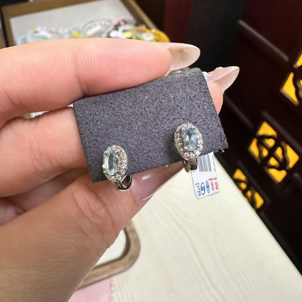 【281】天然海蓝宝耳钉耳扣款银S925