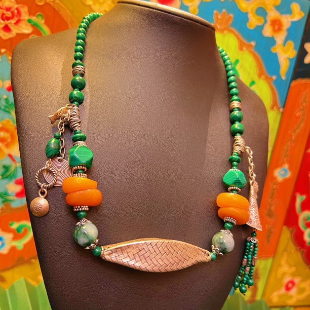 编织老银孔雀石毛衣链