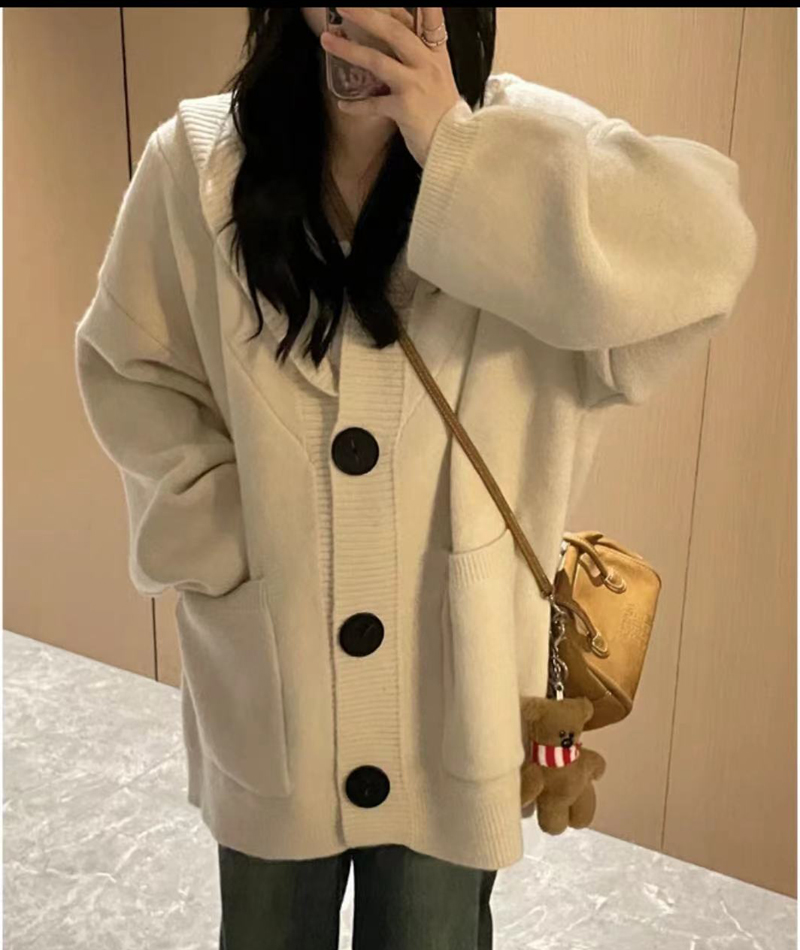 慵懒风连帽针织开衫软糯糯韩系外套女春秋装外穿宽松毛衣DKZ01
