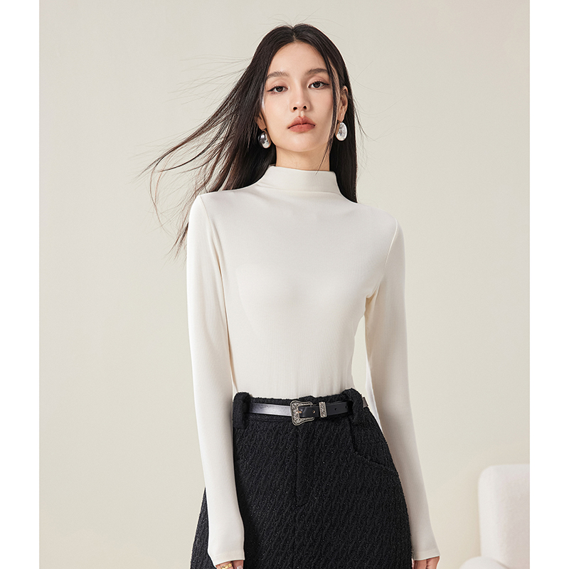 桑蚕丝自发热打底衫女202秋冬季新经典百搭半高领米白色保暖上衣
