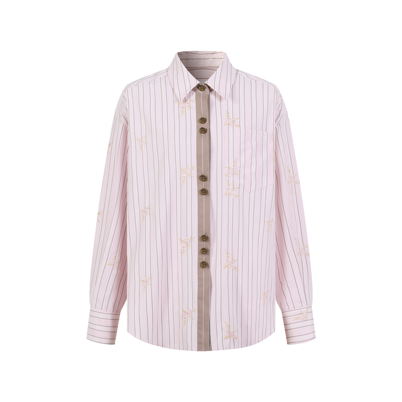 【品牌专属】Three Quarters 2024夏季新款撞色拼接纹长袖衬衫2008