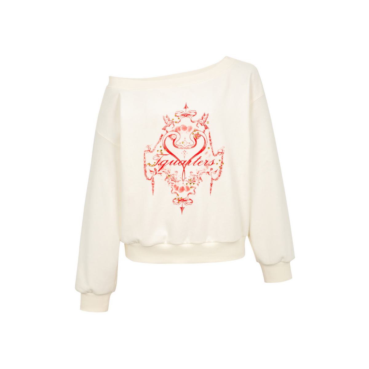 【品牌专属】Three Quarters米白色蛇年限定烫钻logo斜肩卫衣7531