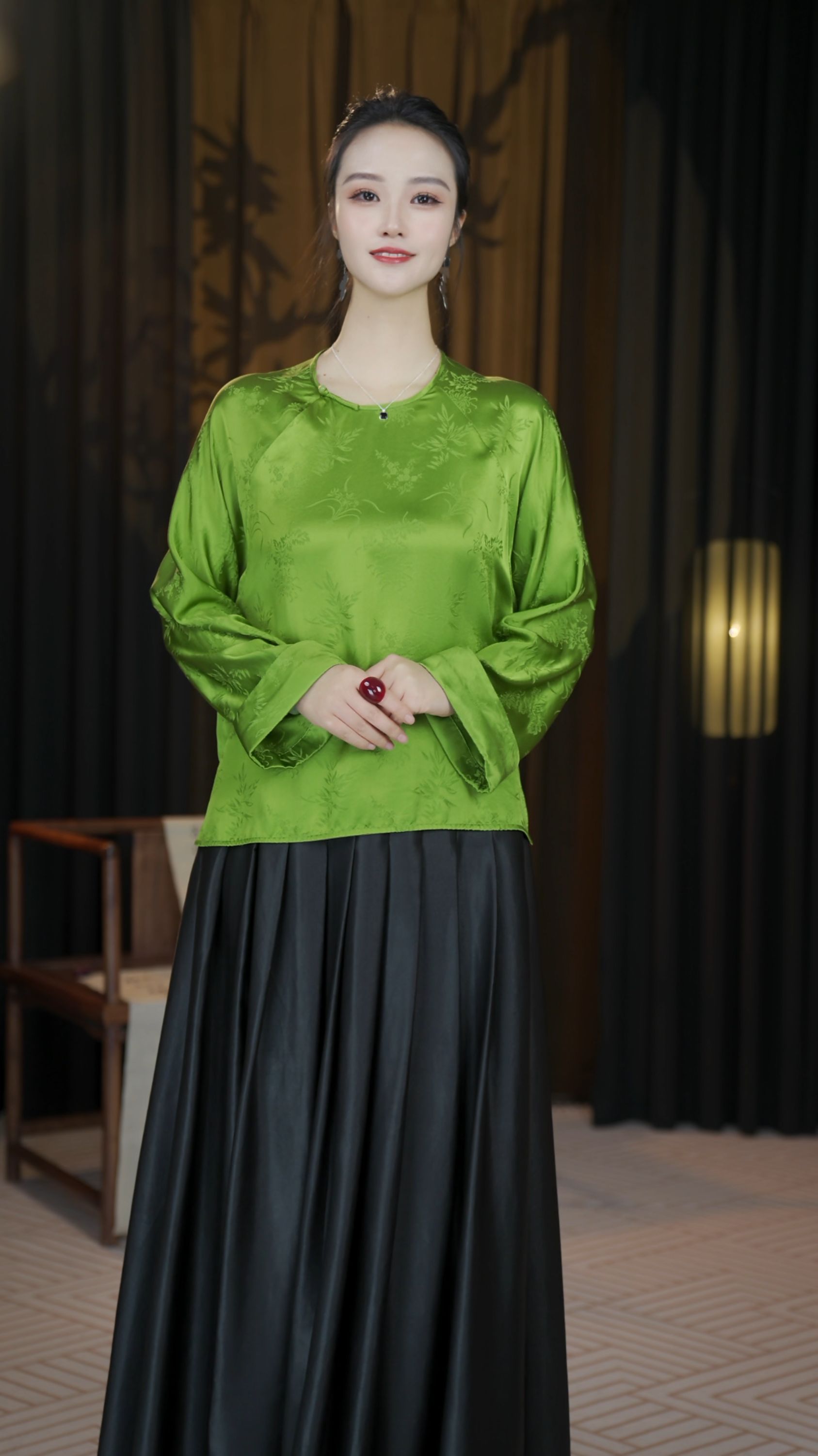 C23001-春泥重磅桑蚕丝香云纱中式宽松百搭上衣小清新绿色中国风