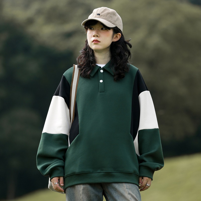 外贸2023男女春秋款宽松潮牌拼色可二开情侣港风双珠地卫衣工作装