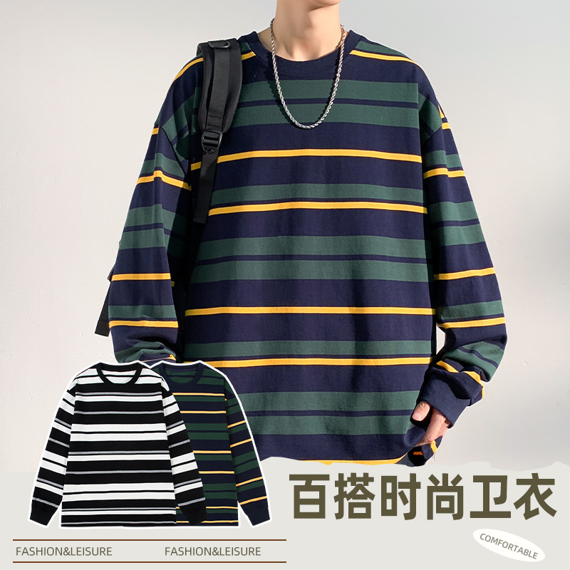 外贸男女春秋新款潮流港风宽松服潮牌条纹可二开情侣港风圆领卫衣