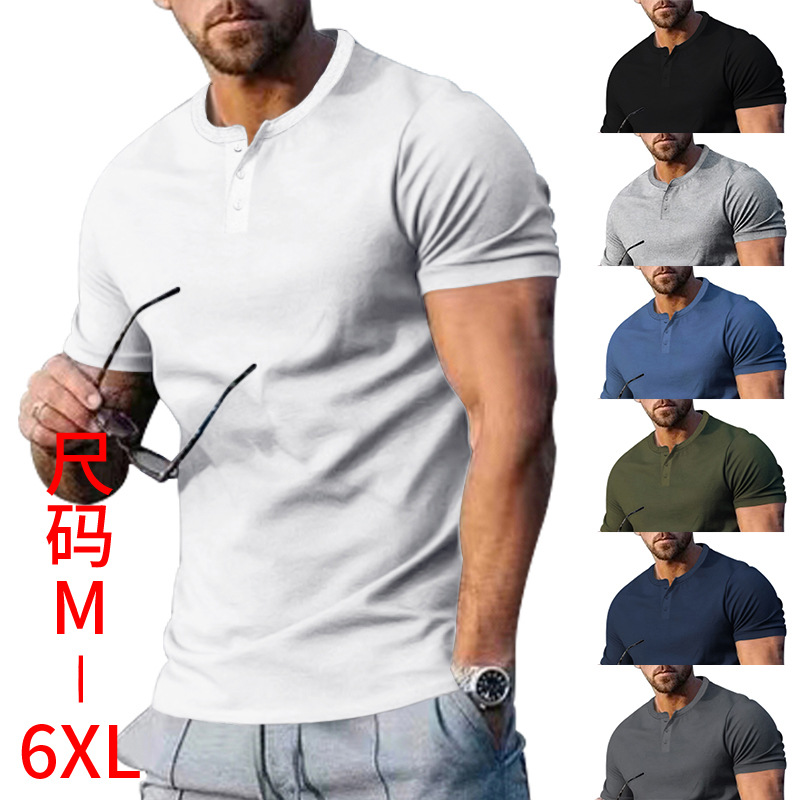 外贸夏季新款欧美男装短袖亨利衫圆领男士修身运动休闲半袖t恤男