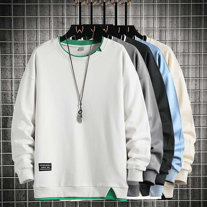 跨境长袖卫衣男2024年春秋百搭青年帅气长袖T恤假两件圆领卫衣男