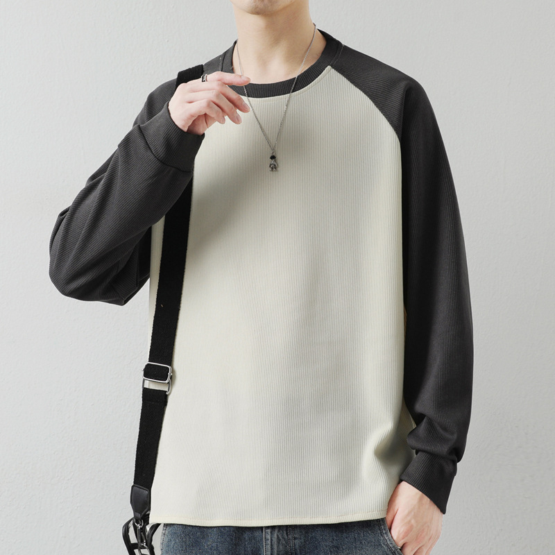 跨境拼色长袖卫衣男2024年秋季美式插肩袖套头T恤衫 嘻哈个性卫衣