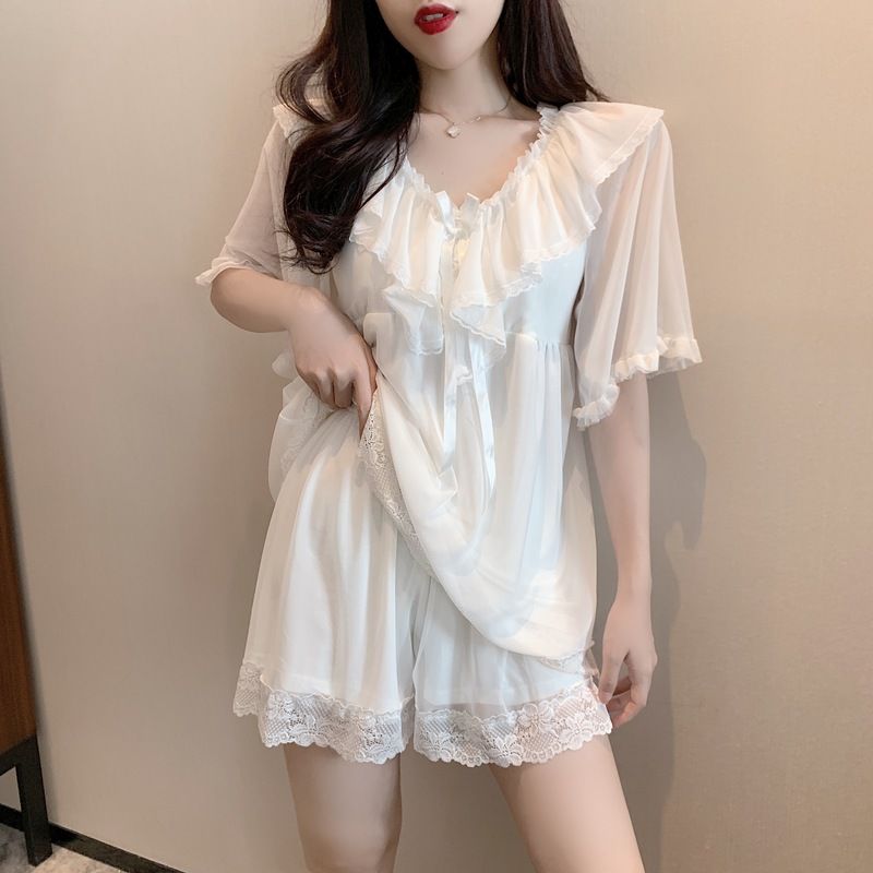 纯欲风带胸垫睡衣女夏天莫代尔短袖短裤蕾丝网红薄款家居服套装